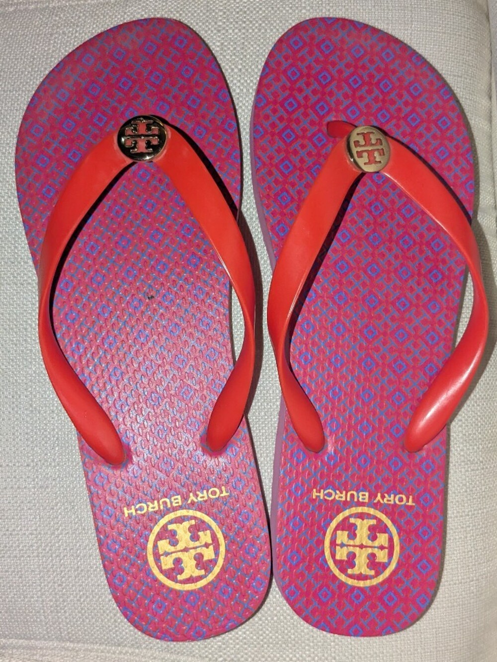 Tory Burch Red and Pink Patterned Flip Flop Sandals